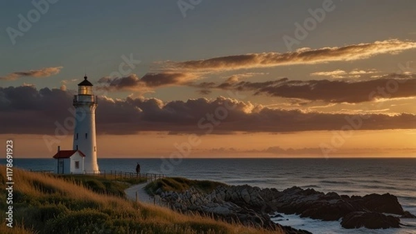 Fototapeta lighthouse sunset,Lighthouse by the sea with sunset behind the landscape on the horizon and a person sitting by the lighthouse

