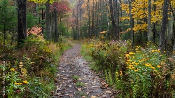 Fototapeta A route in the woodland with flowers and greenery in the fall