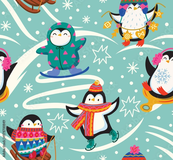 Fototapeta Penguins are skating. Pattern Design. Winter scene