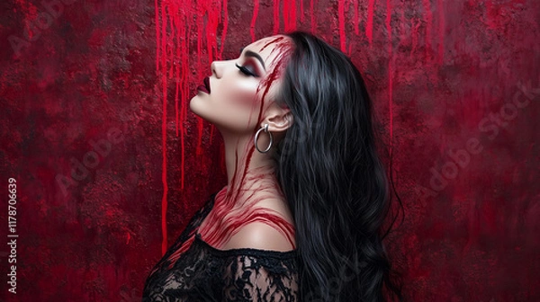 Obraz A woman in her late 20s, profile view, with long, flowing dark hair and streaks of crimson paint cascading down her pale skin, gazes upwards intensely