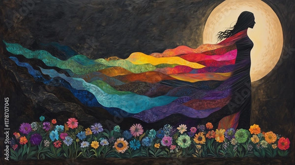 Obraz An artistic representation showing a woman emerging from shadows into light as she sheds layers of dark clothing symbolizing her journey from victimhood to empowerment