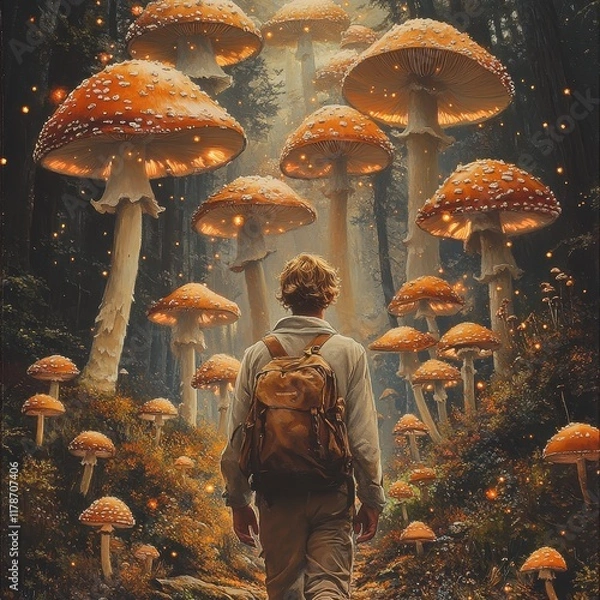 Fototapeta Young man walking through an endless mushroom forest in a fantasy world