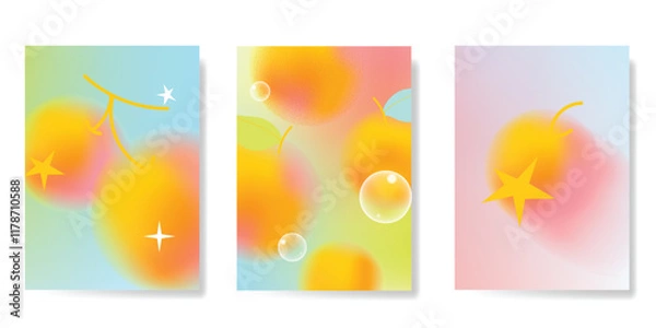 Fototapeta Abstract colorful gradient fruit card background set. Minimalist poster with orange, cherry, bubble, spot texture. Modern summer and spring wallpaper design for home decoration, website, banner, ads.