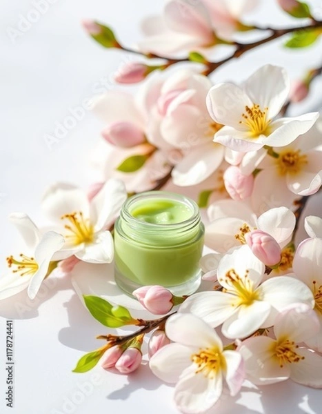 Fototapeta Green cream surrounded by delicate blossoms on a soft background captures the essence of natural beauty and skincare