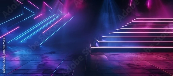 Fototapeta Dark floor with neon stair shapes, abstract lines creating a striking stage backdrop for digital designs.