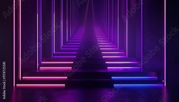Fototapeta Dark stage with glowing neon lines, stairs illuminated in a captivating abstract style, ideal for banners. HD clarity.