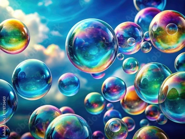 Fototapeta Panoramic view of magical bubble blowing: teal, blue, rainbow hues create a breathtaking scene.