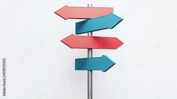Obraz Red and blue arrows pointing in different directions on a pole against a white background.