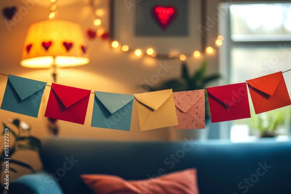 Obraz Photo of colorful envelopes and love letters hanging on a string across a cozy living room, styled with Valentine’s Day decorations in the background and illuminated by natural daylight