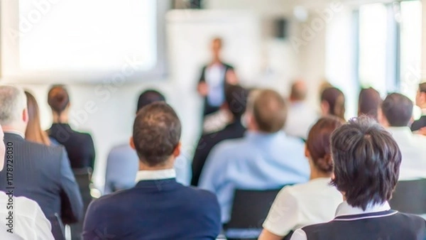 Fototapeta Professional Seminar Audience – A business seminar with a blurred background showing a focused audience.
