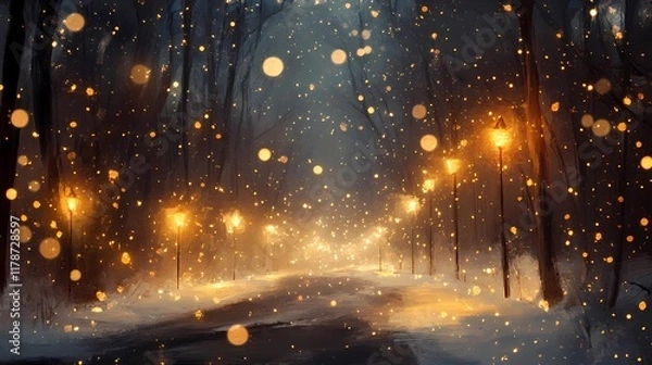 Fototapeta Blurred glowing golden light reflecting softly on a snowy forest road creating a peaceful and magical wintertime backdrop