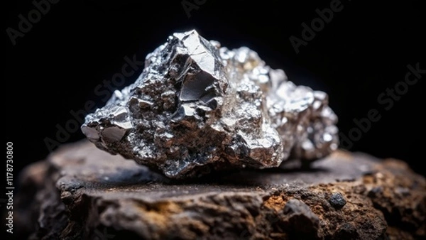Fototapeta Close-up of silver mineral embedded in dark rock, showcasing geological texture.
