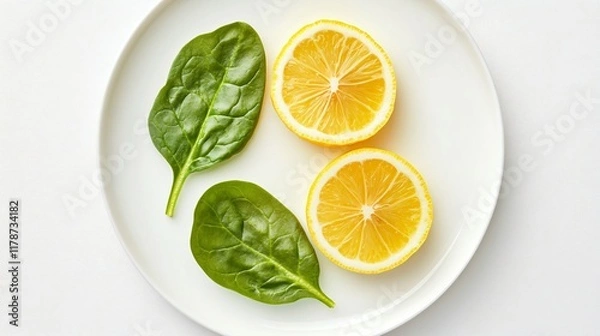 Fototapeta Spinach leaves paired with lemon slices, isolated on a bright white plate