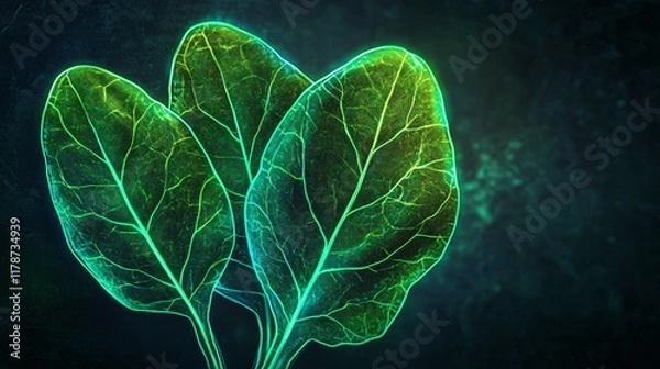 Fototapeta Spinach leaves with bold neon outlines, isolated on a dark futuristic background