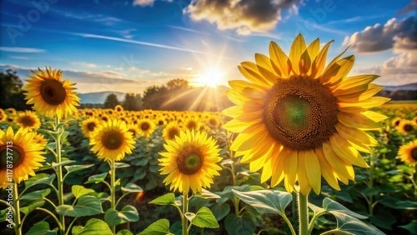 Fototapeta Vibrant yellow sunflowers, a minimalist study in sunlit fields and sky.