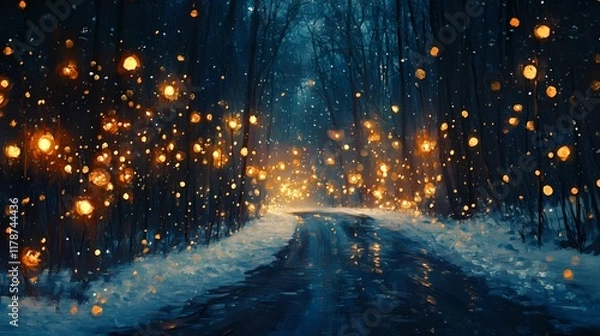 Fototapeta Blurred glowing golden light reflecting softly on a snowy forest road creating a peaceful and magical wintertime backdrop