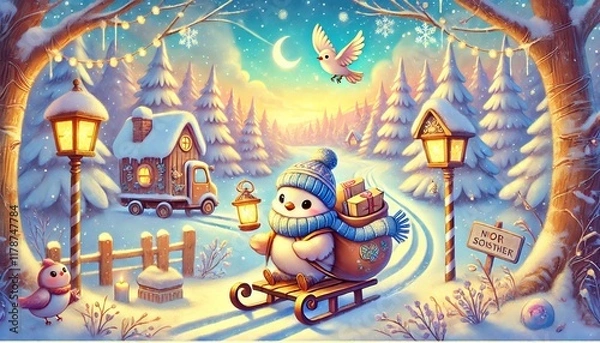 Fototapeta A Whimsical Winter Scene Featuring a Bird Mail Carrier in a Snowy Forest with a Magical Touch