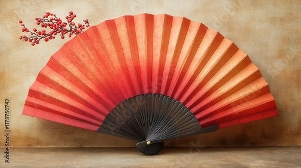 Fototapeta A decorative fan in gradient shades of red, complemented by a branch of berries.