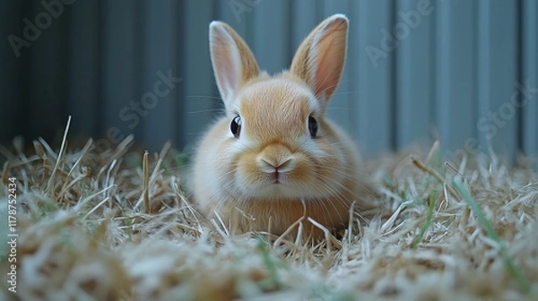 Fototapeta A cute rabbit resting on straw, showcasing its fluffy fur and inquisitive expression.