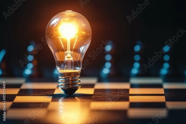 Fototapeta Bright light bulb illuminating a chessboard during a strategic game at night