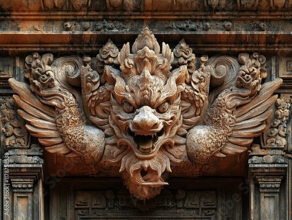 Fototapeta Dragon sculpture, ancient myth symbol, architecture, mythology, legend, creature