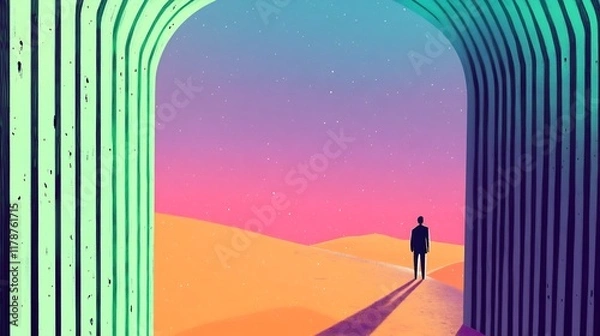 Fototapeta Vibrant Digital Painting: Man Contemplates Serene Desert Vista Through Surreal Archway. AI Generated