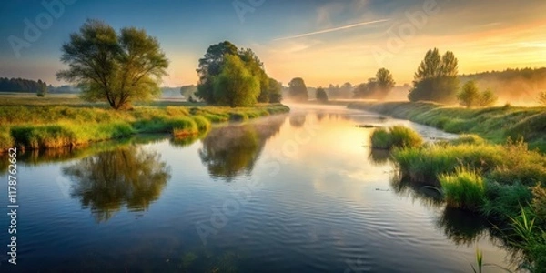 Fototapeta Early morning landscape with a serene river flowing through , serene, peaceful, morning, tranquil, nature, landscape, water, river