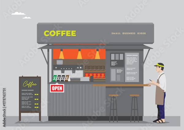 Fototapeta an illustration of an open coffee shop with a ramen coffee sign and dark grey colors with barista stand