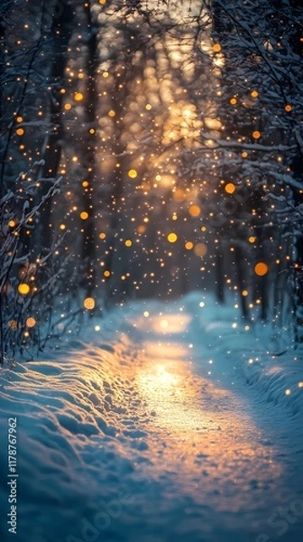 Fototapeta Enchanting winter forest road with glowing blurred bokeh lights background.