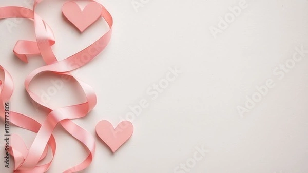Fototapeta Valentine's Day background mock-up Concept. Pink ribbons and hearts on a light background create a romantic atmosphere.
