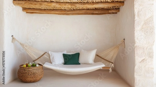 Fototapeta A cozy hammock draped with cushions, set against a rustic wall with wooden beams, creating a serene relaxation space.