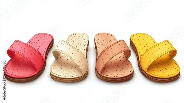 Fototapeta Four pairs of colorful summer sandals in a row.