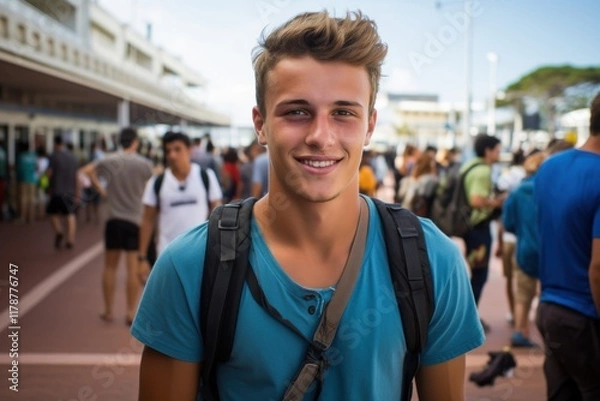 Obraz A young man wearing a blue shirt and backpack is smiling for the camera