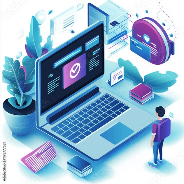 Fototapeta student with backpack infront of computer - concept of digital learning