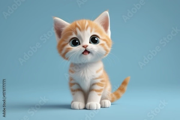 Fototapeta there is a small orange and white kitten sitting on a blue surface