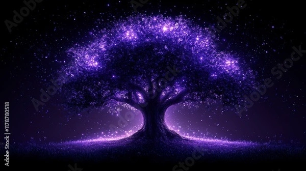Fototapeta Glowing purple tree at night, magical fantasy scene.