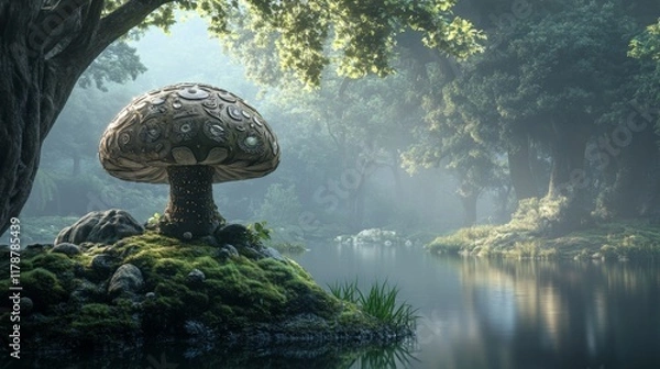 Obraz A single large mushroom with intricate patterns on its cap, adorned with droplets of water, placed on a mossy stone in a serene forest setting