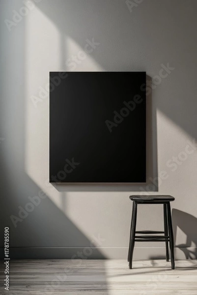 Obraz A minimalist room featuring a black canvas and wooden stool, bathed in natural sunlight casting soft shadows on neutral walls.