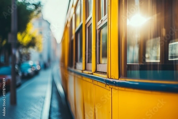 Obraz Tram painted in yellow traveling down a street in Lisbon Portugal, well-known tourist spot