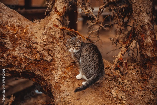 Fototapeta A curious gray kitten sitting on a tree trunk, surrounded by a rustic, natural environment. Warm tones highlight the texture of the bark and fur.