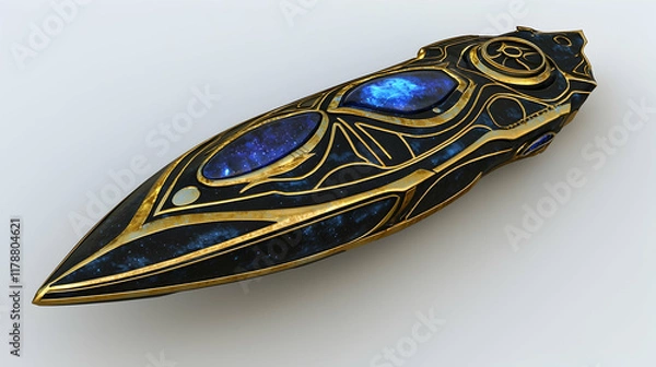 Fototapeta Ornate spaceship design, studio shot, against white background, for sci-fi game asset.