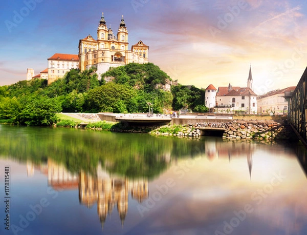 Obraz Melk Abbey at dramatic sunrise with reflection in water, Wachau - Lower Austria