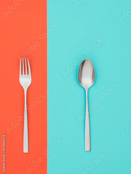 Fototapeta Fork and Spoon on Blue and Red Background Photo