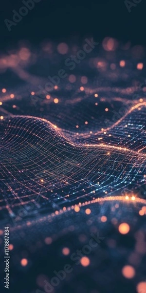 Fototapeta A mesmerizing abstract digital landscape featuring glowing dots and lines forming a futuristic network grid on a dark backdrop.