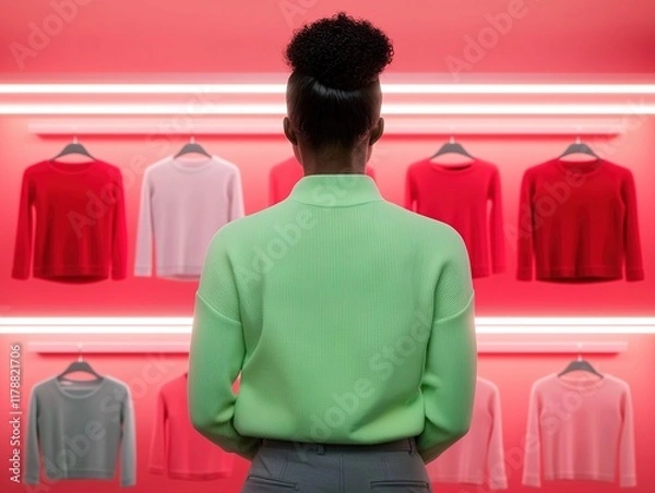 Fototapeta A person admires colorful sweaters displayed against a vibrant backdrop, showcasing a mix of styles in a modern shopping environment.