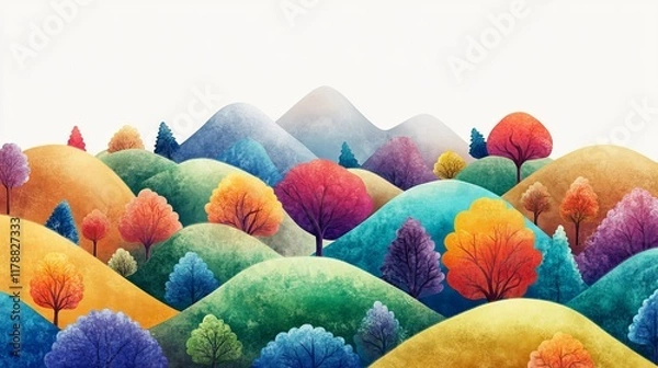 Fototapeta A vivid abstract landscape featuring rolling hills and colorful trees, creating a surreal and artistic scene.