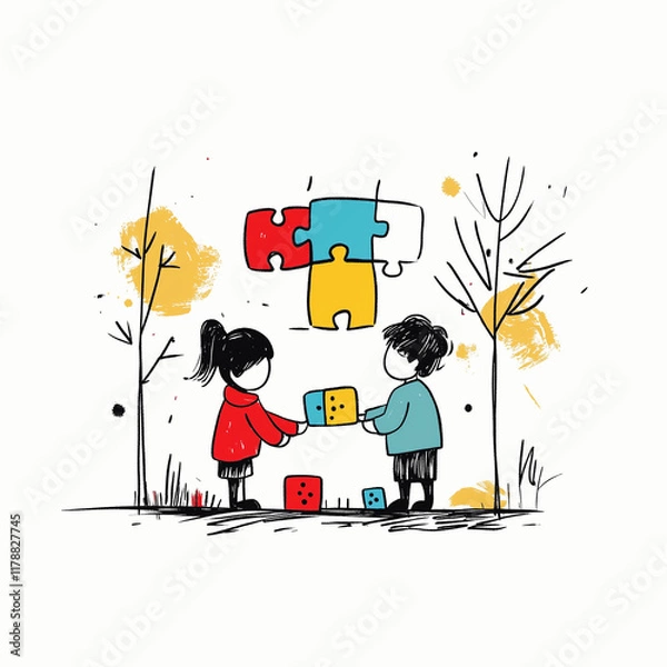 Fototapeta Children playing with a puzzle pieces, world autism day