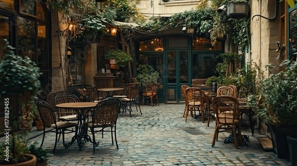 Fototapeta Charming Courtyard Cafe: A cozy cafe with a rustic charm, featuring a cobblestone patio adorned with lush greenery and inviting tables.