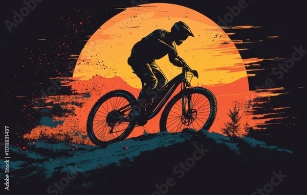 Fototapeta Graphic silhouette of a mountain biker riding against a vibrant sunset background with splatters and birds flying, representing adventure and freedom in nature