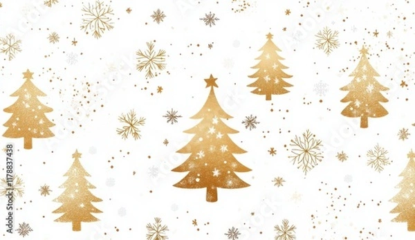 Fototapeta Elegant Christmas background with gold trees and snowflakes on white